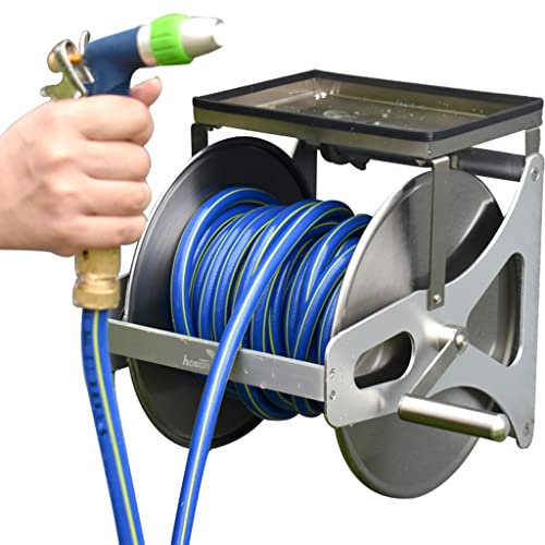 Schlauchtrommel Schlauchtrommel Wandmontage 35m Wandschlauchwagen Mit Ablagetisch, Edelstahl Kleiner Pfeifenorganisator, Tragbarer Schlauchwagen, Mit Hochdruckwasserpistole (Color : Silver, S : Hose