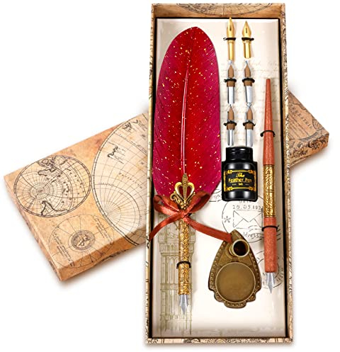 MPRINCE Feather Quill and Ink Set, Fountain Pen and Ink Set, Calligraphy Pen Set, Calligraphy Pen for Writing, for Handwriting Lovers, Birthday, Gif-Red
