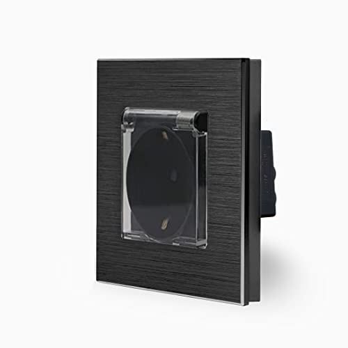Luxus-Time Steckdose Schuko mit Abdeckung im einfachen Design Aluminiumrahmen für die DE Unterputzdose Einbau Stecker mit Deckel Spritzwassergeschütz IP44 in schwarz LXBA1-LX-71Cover-12