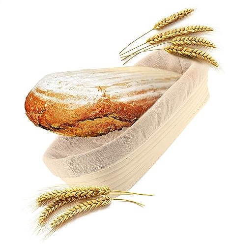 Robin Goods® Cesto per fermentazione con inserto in lino lavabile - cesto per fermentazione in vimini naturale - forma ovale per pane (Cestino di fermentazione ovale - 1 pezzo)