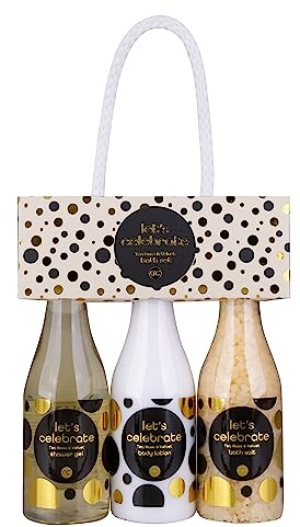 accentra - Låt oss fira presentset kvinnor i champagneflaskor i plast - bad- och duschset med terosa & sammet inkl. duschtvål, bodylotion & badsalt - 3-delat wellnessset för kvinnor och tjejer