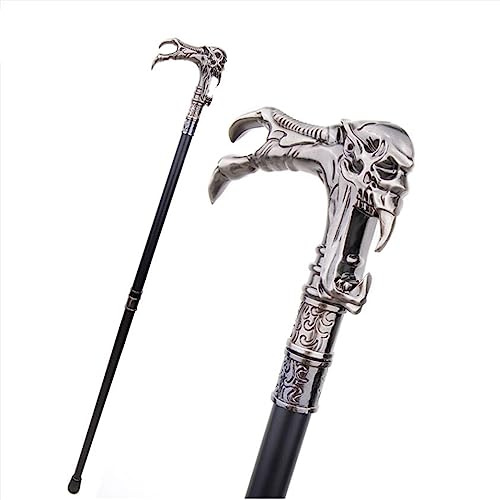 Bastón de metal vintage con calavera para hombres y mujeres, 36 pulgadas de largo, bastón plateado para caballero, para uso diario, drama, cosplay mágico, accesorio de escenario (C)