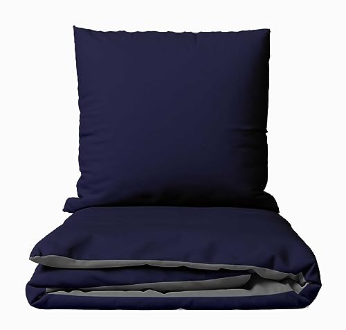 Leonado Vicenti Bettwäsche Mikrofaser 135x200 Einfarbig Uni Dunkel Blau Grau Wendebettwäsche Garnitur Set 80x80 cm Kissenbezug mit Reissverschluss