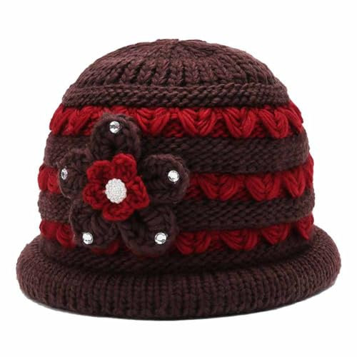 SHTGOI Strickmütze Beanie Mütze mit Gestrickte Blumen aus Wolle und Strasssteinen Warme Cloche Hüte mit Fleece gefütterte Zweifarbig Gestrickt Wintermütze für Frauen mittleren Alters Curry