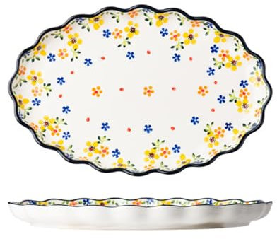 MoRfiL Fischteller aus Spitze mit Blumenmuster Keramik Oval Servierteller 13 Zoll Servierplatte Porzellan Wurstteller Fisch Teller Tablett,33.3cm