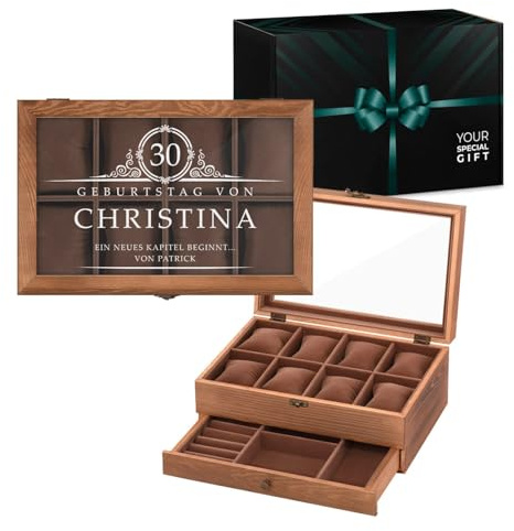 Maverton Uhrenbox mit Gravur - braune Uhren Aufbewahrungsbox für 8 Uhren mit Glasdeckel und Schublade für Schmuck - funktionale Schmuckschatulle für Frauen und Paar - 30x20x12,5cm - Kapitel | Schmuckkästchen mit 8 Fächern und Schublade, für Geburtstag, Hochzeit, Jahrestag