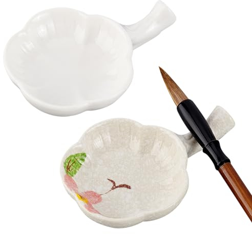 PH PandaHall 2 Stück Keramik Tintenplatte Porzellan Tintenschale mit Griff Chinesische Kalligraphie Malpinselhalter Blumenform Multifunktionaler Schüssel für Kalligraphie Malerei