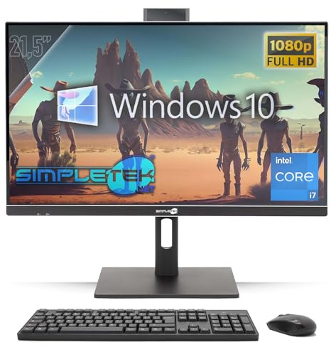 SIMPLETEK - PC Tout-en-Un 21,5 Full HD, Core i7 3,8 GHz | Windows 10 Pro, 8 Go de RAM et SSD 240 Go | avec Souris et Clavier sans Fil, Webcam intégrée, Wi-FI et HDMI