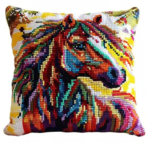 kitphoenix Knüpfkissen Set Pferd Knüpfkissen Set für Anfänger Erwachsene oder Kinder zum Selber Knüpfen, DIY Knüpfteppich Knüpfpackung, Knüpfhaken Set 43 x 43 cm
