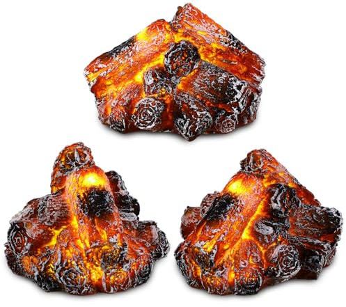 Glooglitter 3 Pcs Flameless Fireplace Lights 3D Artificial Wood Burning Flame with Realistic Log Artificial Fire Flames Simulation Charcoal Flame Lamp for Christmas Home Decor
