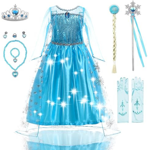 AFEIGE Kostüm Kinder Mädchen ELSA Kleid Kinder mit Krone Diadem Handschuhe Zauberstab für Weihnachten (150)
