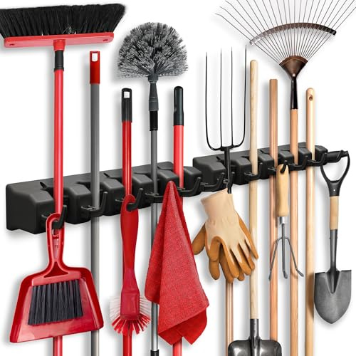 2 Pack Mop and Broom Holder Wall Mount - Garage Storage Organizer with 5 Slots, 6 Hooks, 7.5lbs Capacity Per Slot - Home, Kitchen, Closet, Laundry Room Organization – Black Broom Hanger