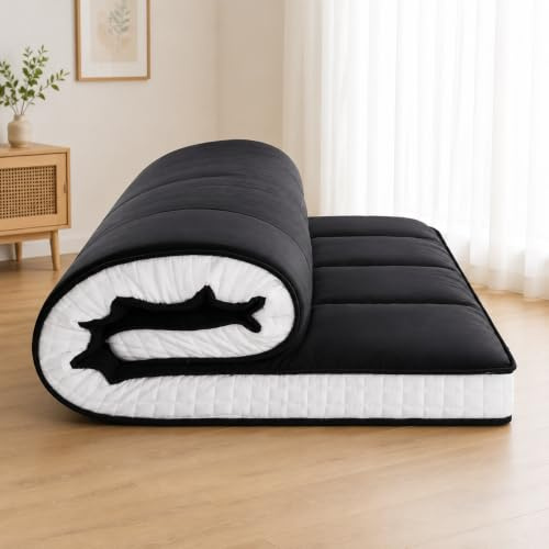 ZIKEBTUY Futon Matratze 137x203cm Klappmatratze - 10cm dick Japanische Klappmatratze, Futon Gästebett, Bodenmatratze, Tragbar Matratze Faltbar für Tatami, Schlafsälebett, Camping, Wohnmobil - Schwarz