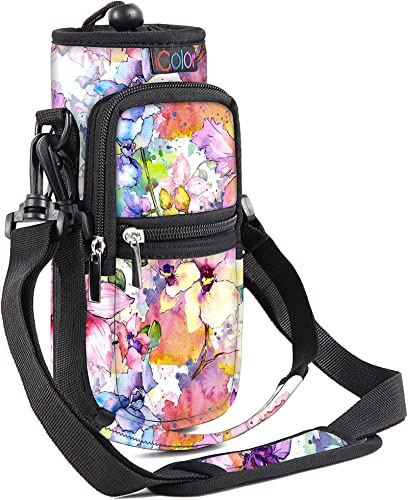 icolor Trinkflaschenhalter Tragetasche für Wasserflasche mit Verstellbar Schultergurt Flaschenhalter mit Phone Taschen,Neopren Trinkflasche Beutel Flaschen Halter (Blume, 25oz(About750ml))