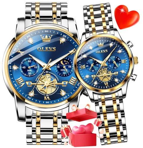 OLEVS Couple Watch Set - His and Her Matching Watches with Diamond Accents - Romantic Valentine's Day Chronograph Watch