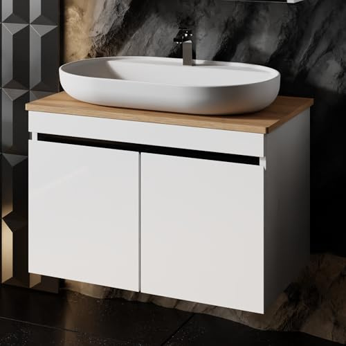 Karen Waschtisch mit Unterschrank Venus Weiß | Keramikwaschbecken | Unterschrank | Badmöbel | Aufsatzwaschbecken | Konsolenwaschtisch | Moderner Stil | Badezimmer (Venus 80 mit Konsole Eiche)
