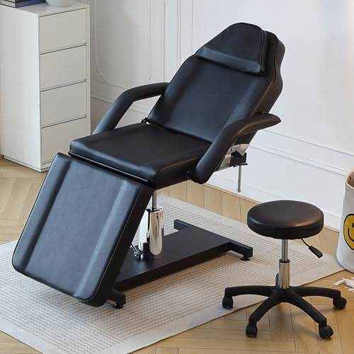LSBIKE Hydraulische Kosmetikliege mit Hocker – 360° drehbare, verstellbare Massageliege mit abnehmbaren Armlehnen & Kopfstütze – Kosmetikstuhl Set für Spa, Tattoo, Gesichtspflege