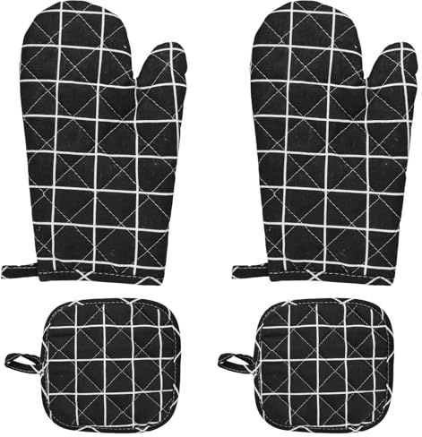 Luxvara 1 Pair Oven Glove, Heat Resistant Oven Gloves, Cooking Gloves with 2 PCS Potholders, Ovens Mitts and Pot Holders Sets for Grilling Cooking Baking, Kitchen Microwave (Black)