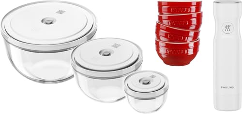 ZWILLING Fresh & Save BOWLS Vakuum Starter Set 11-tlg, Glas (12, 18, 24 cm), 4x Keramik (12 cm), Vakuum-Pumpe