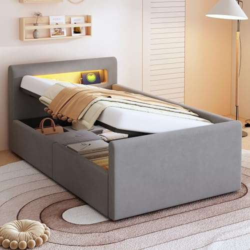 Dolamaní Lit moderne pour adolescents 90x200 cm lit rembourré, lit avec sommier à lattes et espace de rangement, tête de lit rembourrée avec veilleuse LED et port de charge USB, tissu velours, lit