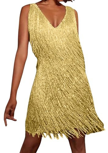 Generisch Vestido con flecos, vestido de discoteca ocre, para mujer de los años 20, minivestido de verano para mujer con flores