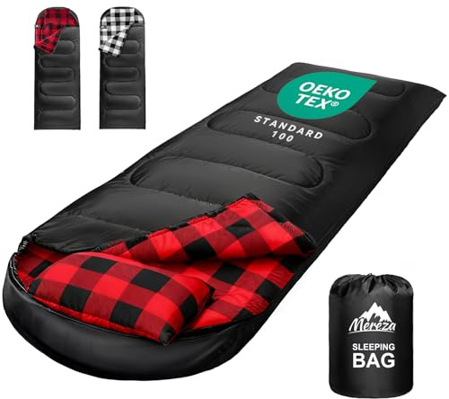 MEREZA Sleeping Bag for Adults & Kids 3-4 Season Warm & Cold Weather, Lightweight Cotton Flannel XL Sleeping Bag with Pillow for Big and Tall Men Camping Hiking Backpacking