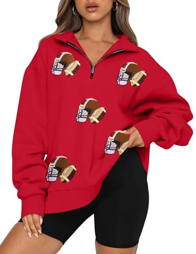 MAXIMGR Womens Sequin Football Sweatshirt Game Day Graphic 1/4 Zip Shirts Sunday Funday Pullover Casual Long Sleeve Tops