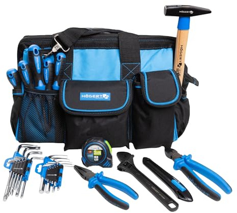 HÖGERT TECHNIK - Werkzeugtasche mit Werkzeug 13-teilig, 600D Polyester, leer & bestückt, 17 Außentaschen, 5 Bodenschutzfüße, Handwerker Tool Bag für Elektriker & Haushalt