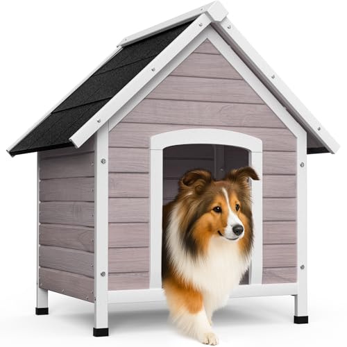 VOUNOT® Caseta para Perros Exterior con Techo Asfáltico y Pies Antideslizantes Casa para Perros Mascotas Perrera de Madera Impermeable Base Extraíble Refugio Canino Perruno 72x65x83 cm, Gris