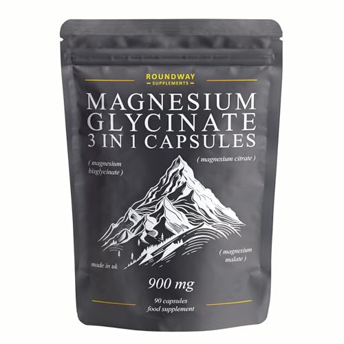 Magnesium Glycinate 3-in-1 Complex 1800mg Supplement with Magnesium Bisglycinate, Citrate & Malate | 90 Capsules, 3 Month Supply | Made in The UK by Roundway Supplements