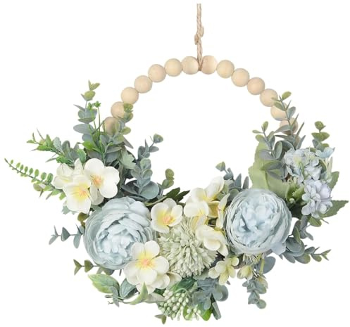 14x9 Spring Wreath for Front Door, Lifelike Floral Blue Wreath with Wood Bead Flowers Green Leaves for Home Wall