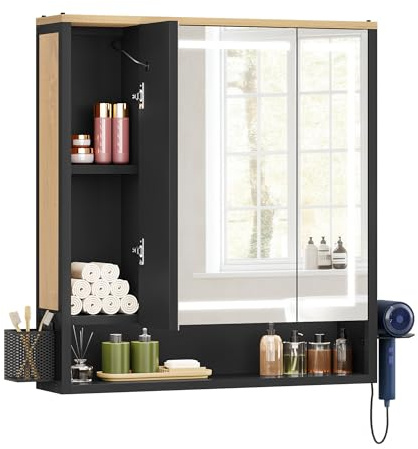 YITAHOME Spiegelschrank Bad LED 3 Türen Steckdose Wandschrank 70cm | LED-Licht für Make-up & Pflege, 2 Steckdosen + 2 USB für Föhn & Zahnbürste, 3 Spiegeltüren mit Stauraum, Beleuchtung