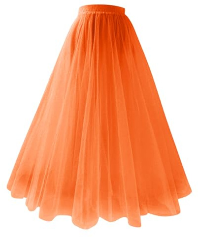 Lange Midi Tüllrock Damen A-Linien Tutu Rock Unterrock Lagenrock Faltenrock Hoher Taille Bühnenkleid Mesh Tüll Röcke Petticoat für Hochzeit Party Tanz Karneval, 01-Orange, XL