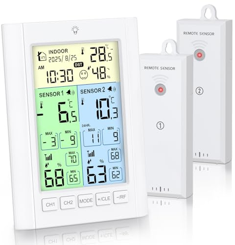 ORIA Wireless Fridge Freezer Thermometer, 2 Sensors, Alarm, Colour Display | -40°C to 70°C Range, Max/Min Records, USB or Battery Power, Magnetic Back, Fold-Out Stand and Hanging Slot