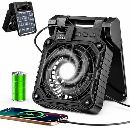 Dancial Solar Camping Fan with LED, 10400mAh Solar Powered Fan Operated Portable, 4 Speeds, 2-8H Timer, Charging, and Eco-Friendly Fan, for Camping, Fishing, Power Outage, Travel, Barbecue