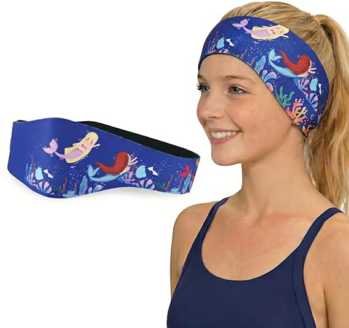 Fascia Nuoto Bambini per Protezione Orecchie, Fascia Capelli in Neoprene Regolabile per Piscina e Mare, Design Sirena, 58cm, Blu Scuro