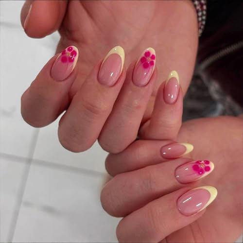 Radiella 24 Stück Press On Nails Summer, rosa Blumen Design Kunstnägel, kurze Nägel zum Aufkleben für Sommer Urlaub, gelbe French Tips Fake Nails Press Ons Set