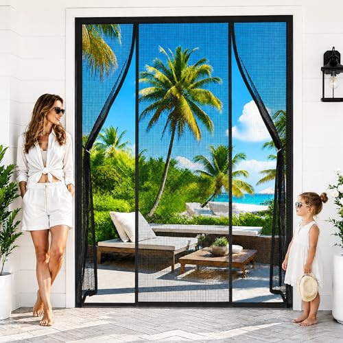 Magnetic Fly Screen Door Extra Wide Side Opening Black 140x180cm Double Door Foldable Magnetic Fly Screen Curtain Paste Full Frame Strips for Large Porch Entries and Conservatory Transitions