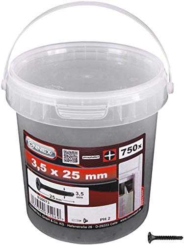 Connex Schnellbauschrauben 3,5 x 25 mm - 750 Stück - Mit Feingewinde & Bohrspitze - Trompetenkopf - PH Phillips-Antrieb - Schwarz phosphatiert / Trockenbauschrauben / Schrauben-Eimer / B30073 | Mit Feingewinde und Bohrspitze – Trompetenkopf – PH Phillips-Antrieb – Schwarz phosphatiert – Trockenbauschrauben