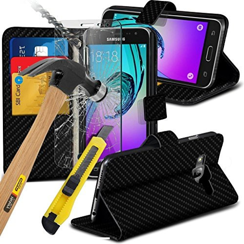 Gadget Giant® Samsung Galaxy J3 2016 (J310) Funda de fibra de carbono con soporte para lectura y billetera con vidrio templado antirrotura y lápiz óptico retráctil