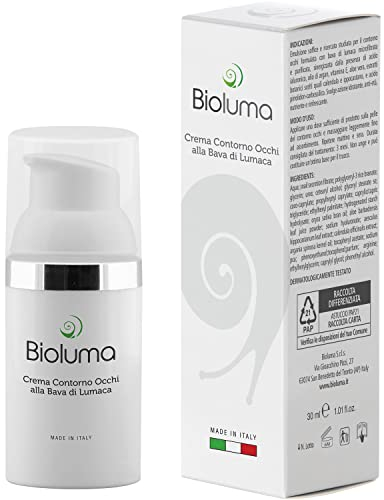 Bioluma Bava di Lumaca Crema Contorno Occhi 30ml Idratante Nutriente Antiage con Acido Ialuronico Olio di Argan Calendula Aloe Vera Coadiuvante Trattamento Antirughe Occhiaie Uomo Donna Made in Italy