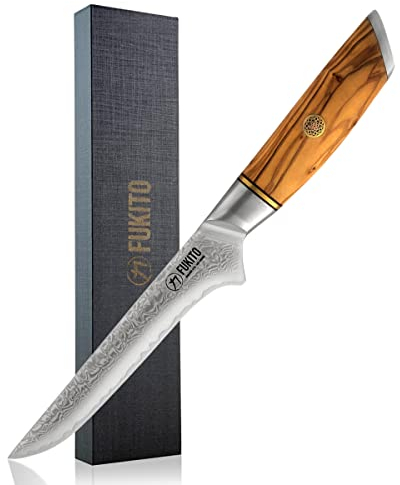 Fukito - Couteau à Désosser Olive Damas Design Japonais Lame Damassée 15cm Manche en Bois d'Olivier - Vendu dans un Coffret Cadeau