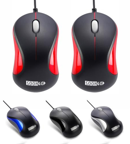 SOONGO Lot de 2 souris USB ergonomiques optiques filaires pour le bureau et la maison, compatible avec ordinateur portable, PC, rouge