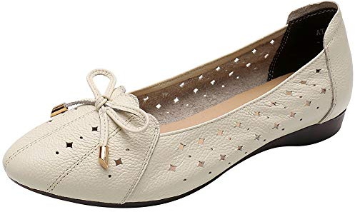 Jamron Mujer Piel Genuina Comodidad Zapatos Puntiagudo Corbatín Bailarinas Talón de Cuña Baja Pantuflas Beige SN02431 EU37.5