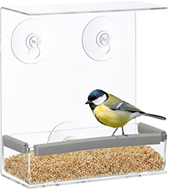 Relaxdays Vogelfutterhaus, Vogelfutterspender aus Acryl, Vogelhaus für Fensterscheibe, 16,5 x 15 x 7,5 cm, transparent | Vogelhaus für Fensterscheibe, 16,5 x 15 x 7,5 cm