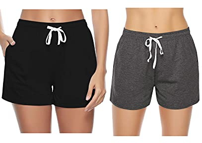 Sykooria Pyjamasbyxor för kvinnor korta pyjamasbyxor sportbyxor kort sommar hög midja korta byxor nattkläder shorts av 100 % bomull med fickor och dragsko, perfekt för sömn sport yoga, Mörkgrå + svart, L/XL
