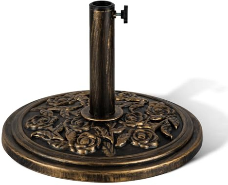 KEPLIN 9kg Cast Iron Effect Parasol Base with Floral Pattern – Heavy Duty Garden Patio Furniture Stand for Umbrella, Canopy, Gazebo, Awning etc. – Diameter 45mm (9kg, Bronze)