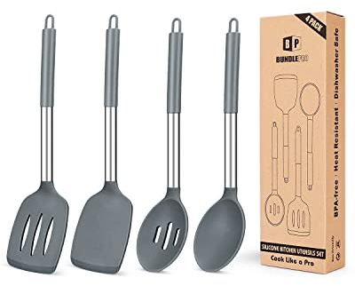 Set of 4 Large Silicone Cooking Utensils, Non Stick, Solid Spatulas, Heat Resistant, Black Slotted Spoons, Ideal BPA Free Kitchen Tongs for Frying, Mixing, Serving, Draining