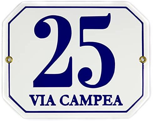Numero Civico Esterno con Indirizzo - 16x20 cm - Targhe Personalizzate in ceramica - Bianca & Blu