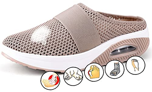 AZMAHT Zapatos para Caminar con Colchón de Aire sin Cordones para Mujer Babuchas Rejilla Nailon y Tratamiento Antibacteriano Amortiguador de Aire Respirable de Las Mujeres Zapatillas,Caqui,38